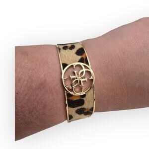 Guess Leopard Faux Fur Logo Hinged Bangle Statement Bracelet = Modern Chic